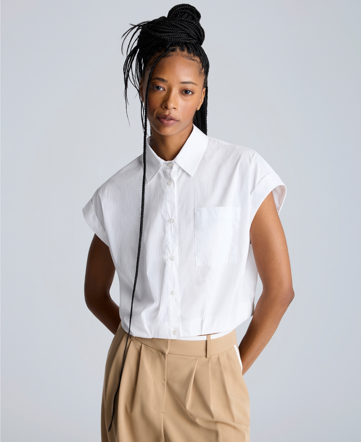 Kenneth Cole Drop Shoulder Crop Button-up Shirt In Pure White