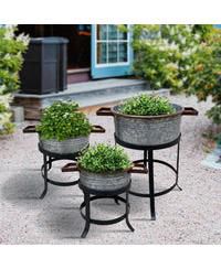 3-Piece Galvanized Metal Planter Set – Round Tub Design with Iron Stands