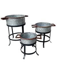 3-Piece Galvanized Metal Planter Set – Round Tub Design with Iron Stands