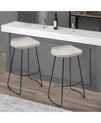 Handcrafted Backless Barstool – Washed Mango Wood Saddle Seat & Metal Base