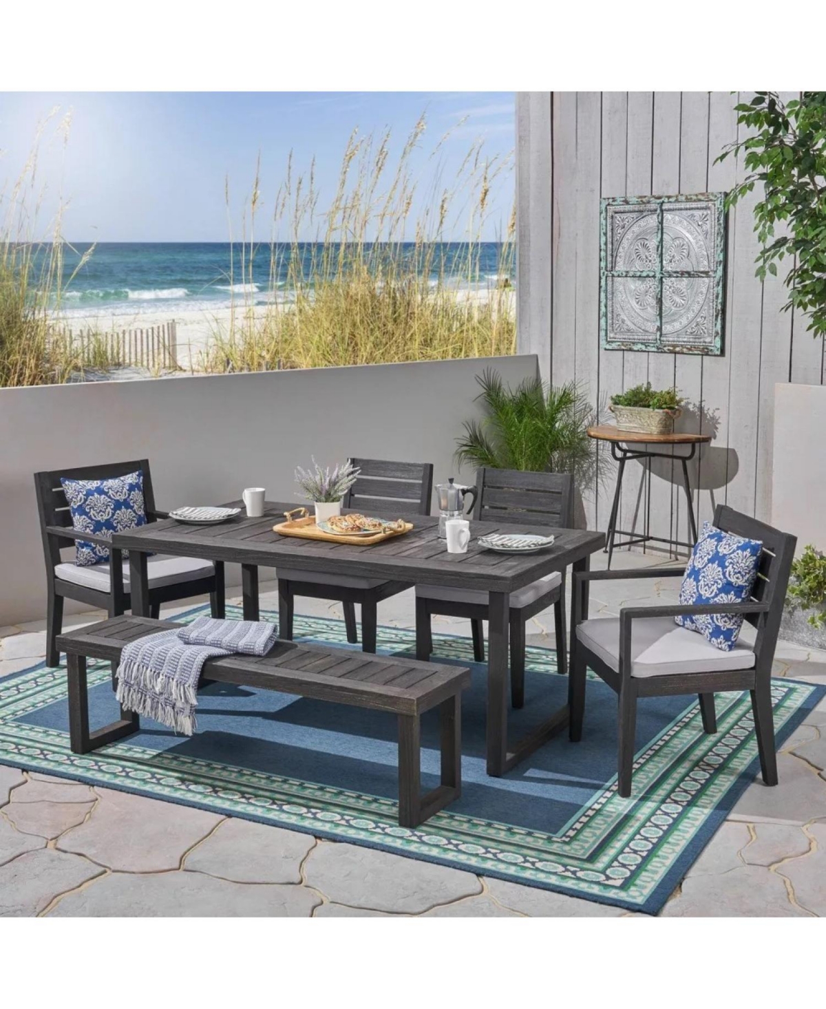 Streamdale Outdoor 6-Seater Acacia Wood Dining Set with Bench,Dark Gray/Light Gray