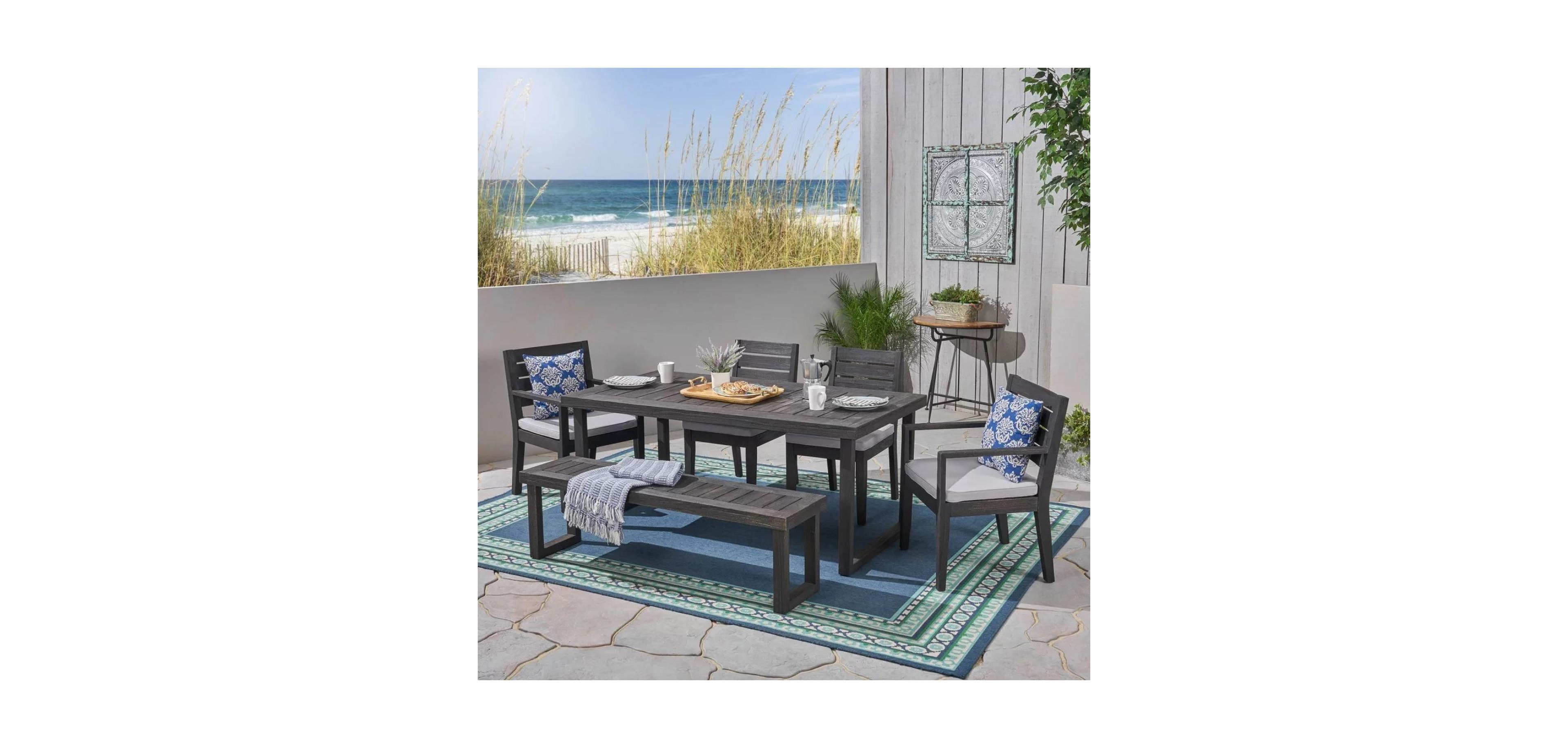 Streamdale Outdoor 6-Seater Acacia Wood Dining Set with Bench,Dark Gray/Light Gray