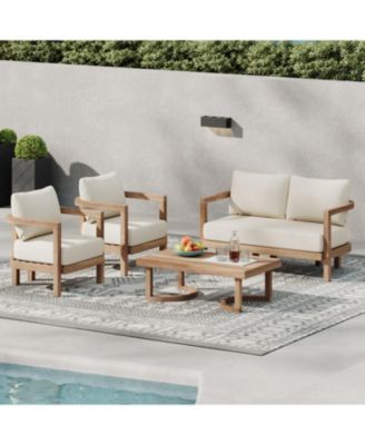 Streamdale Acacia Patio Set, 4-piece, cushions, coffee table, Brown wash/beige