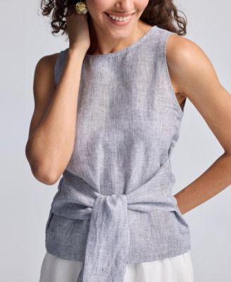 Women's Front-tie Top in Linen Stripes