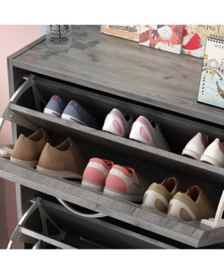 Wooden 3-door natural shoe cabinet, shutter door drawers, multi-purpose shoe rack with adjustable shelves