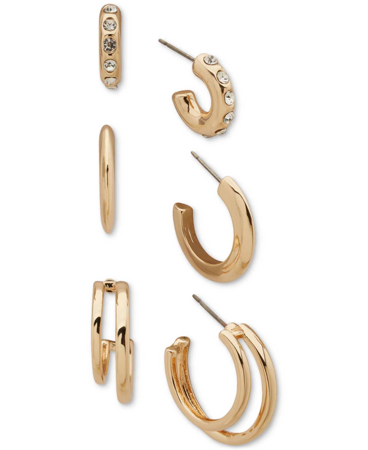 Anne Klein Gold-tone 3-pc. Set Crystal & Polished Small Hoop Earrings In Crystal