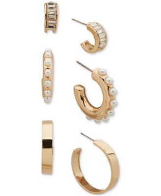 Anne Klein - Gold-Tone 3-Pc. Set Crystal Baguette, Imitation Pearl, & Polished Small Hoop Earrings