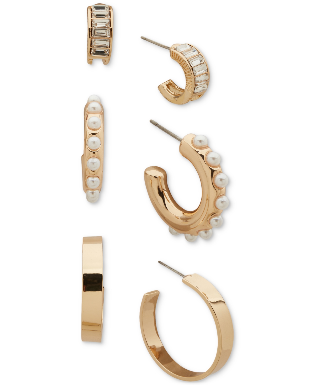 Gold-Tone 3-Pc. Set Crystal Baguette, Imitation Pearl, & Polished Small & Medium Hoop Earrings - Crystal