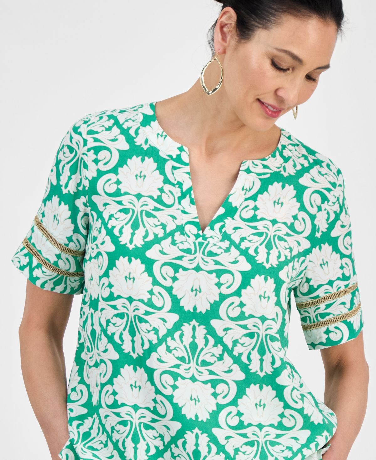 Jm Collection Women's Printed Split-neck Short-sleeve Top, Exclusively At Macy's In Green