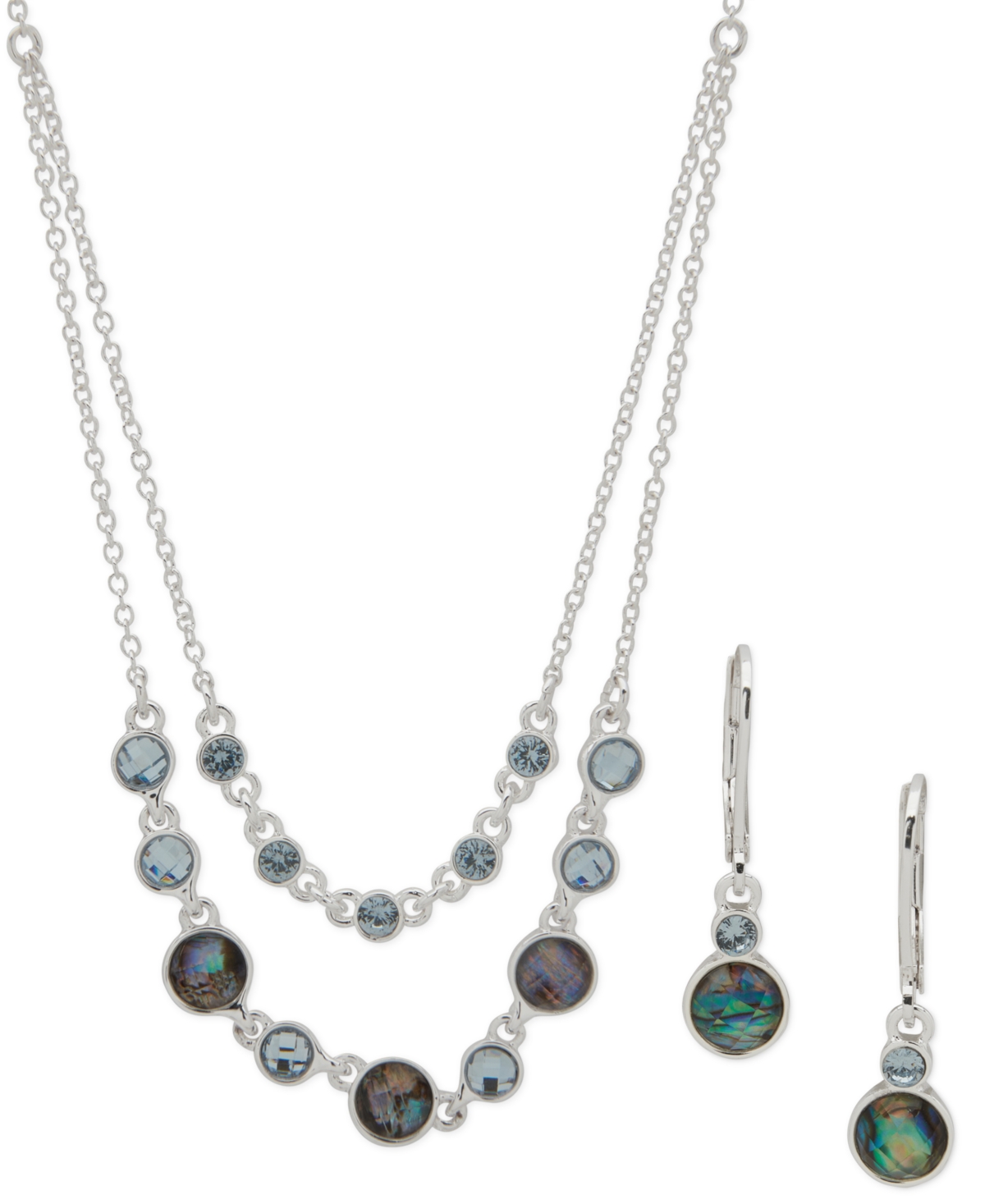 Silver-Tone Stone Layered Statement Necklace & Drop Earrings Set - Multi