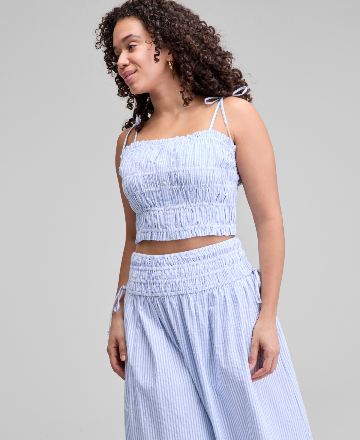 Women's Smocked Seersucker Tie-Strap Top, Exclusively at Macy's - Light Blue/white Stripe