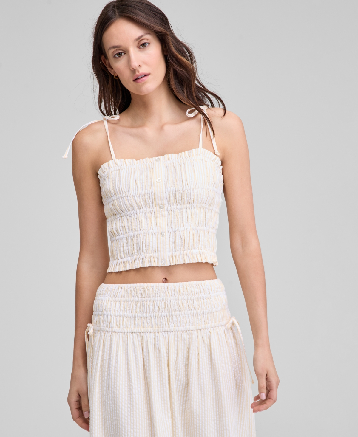 Women's Smocked Seersucker Tie-Strap Top, Exclusively at Macy's - Light Blue/white Stripe