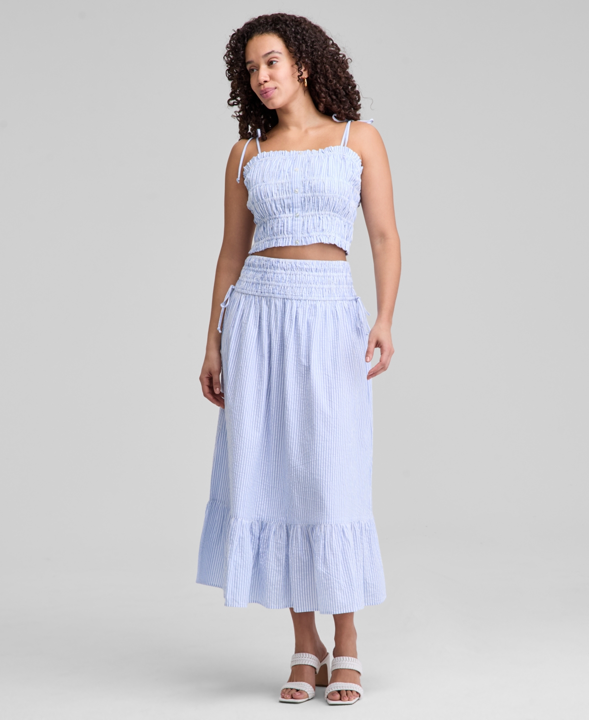 Women's Smocked Seersucker Maxi Skirt, Exclusively at Macy's - Light Blue/white Stripe