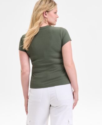 Women's Rib-Knit Short-Sleeve Button Front Top, Exclusively at Macy's