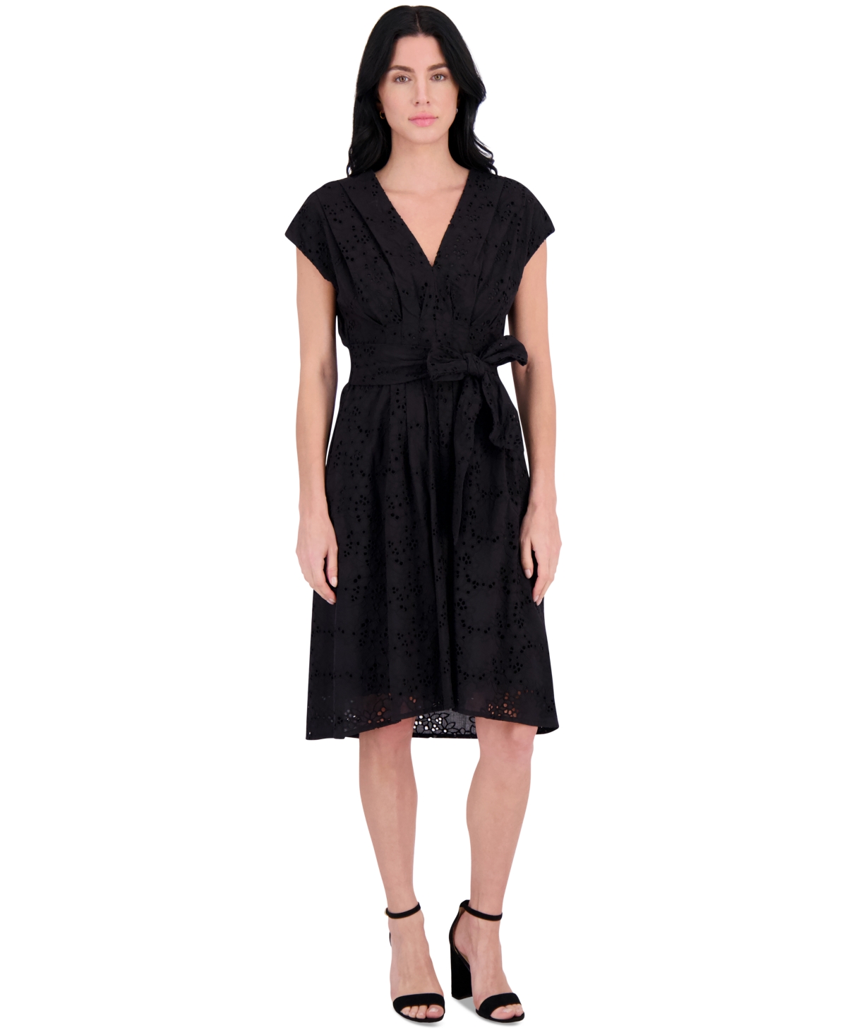 Women's Embroidered Tie-Waist Midi Dress - Black