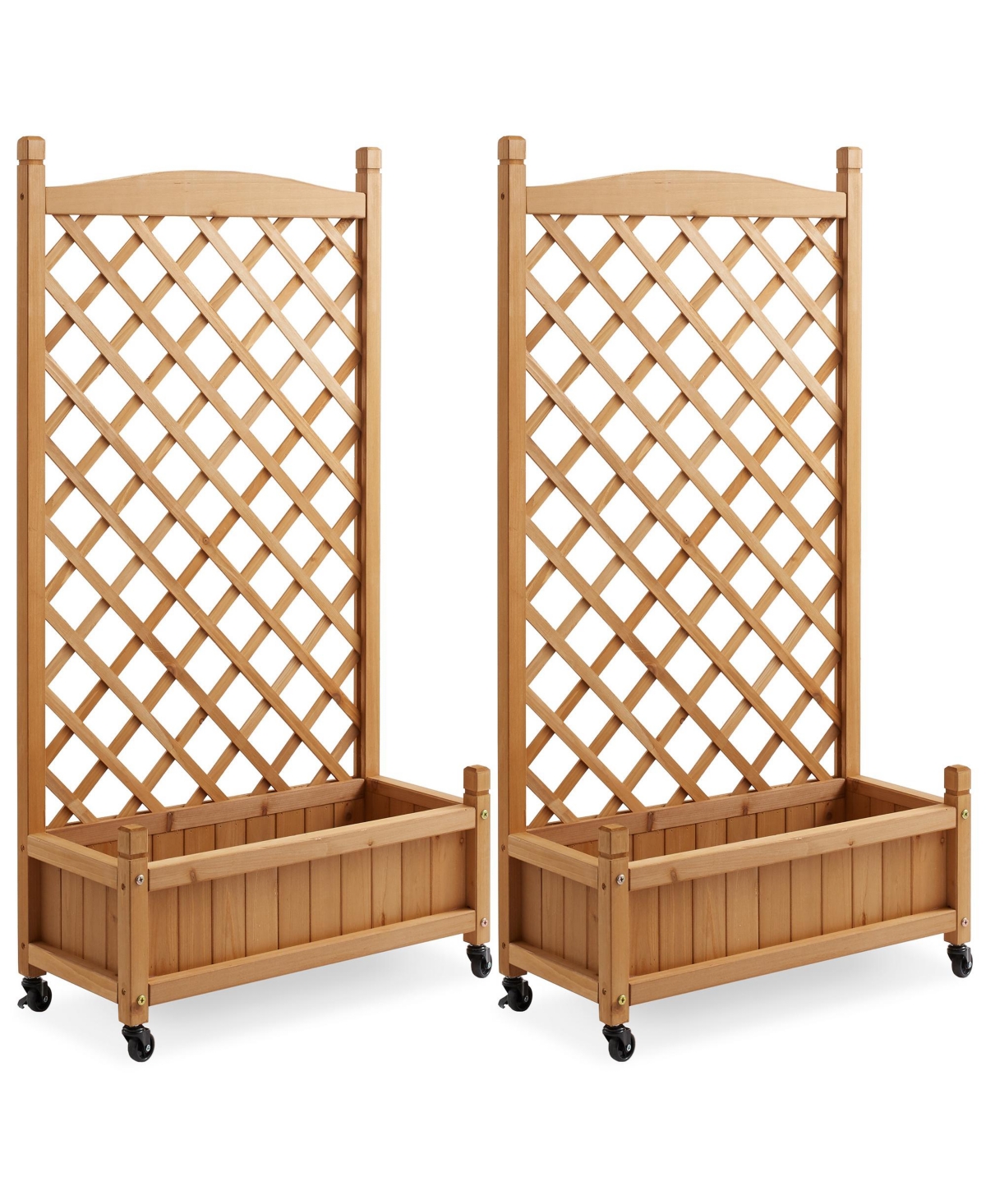 Set of 2 - 48" Raised Garden Bed with Trellis, Wooden Diamond Lattice for Climbing Plants and Planter box with Drainage Holes and Wheels - Natural
