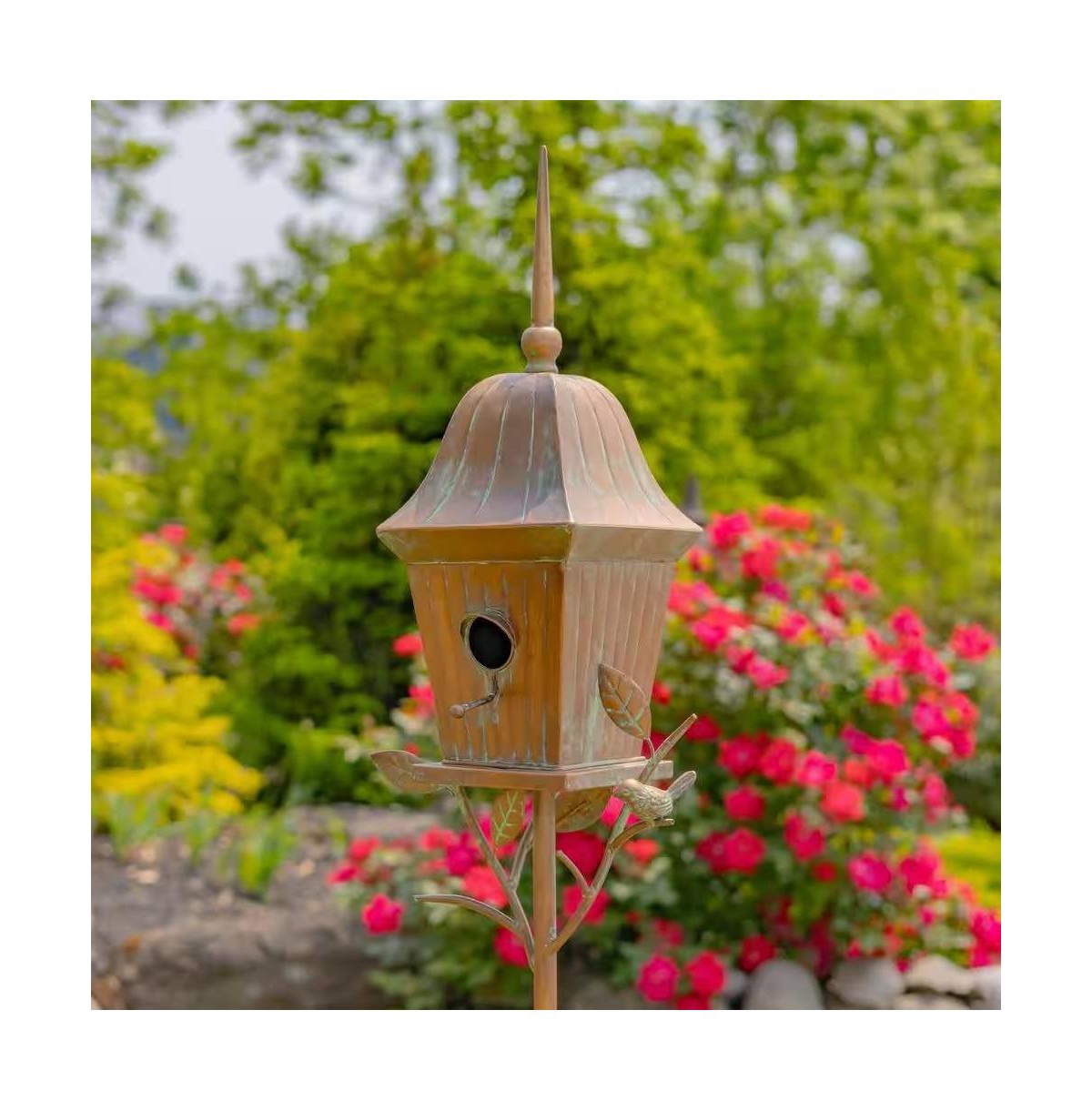Copper Finish Metal Garden Birdhouse with Stake and Pole for Outdoor Decor - Brown