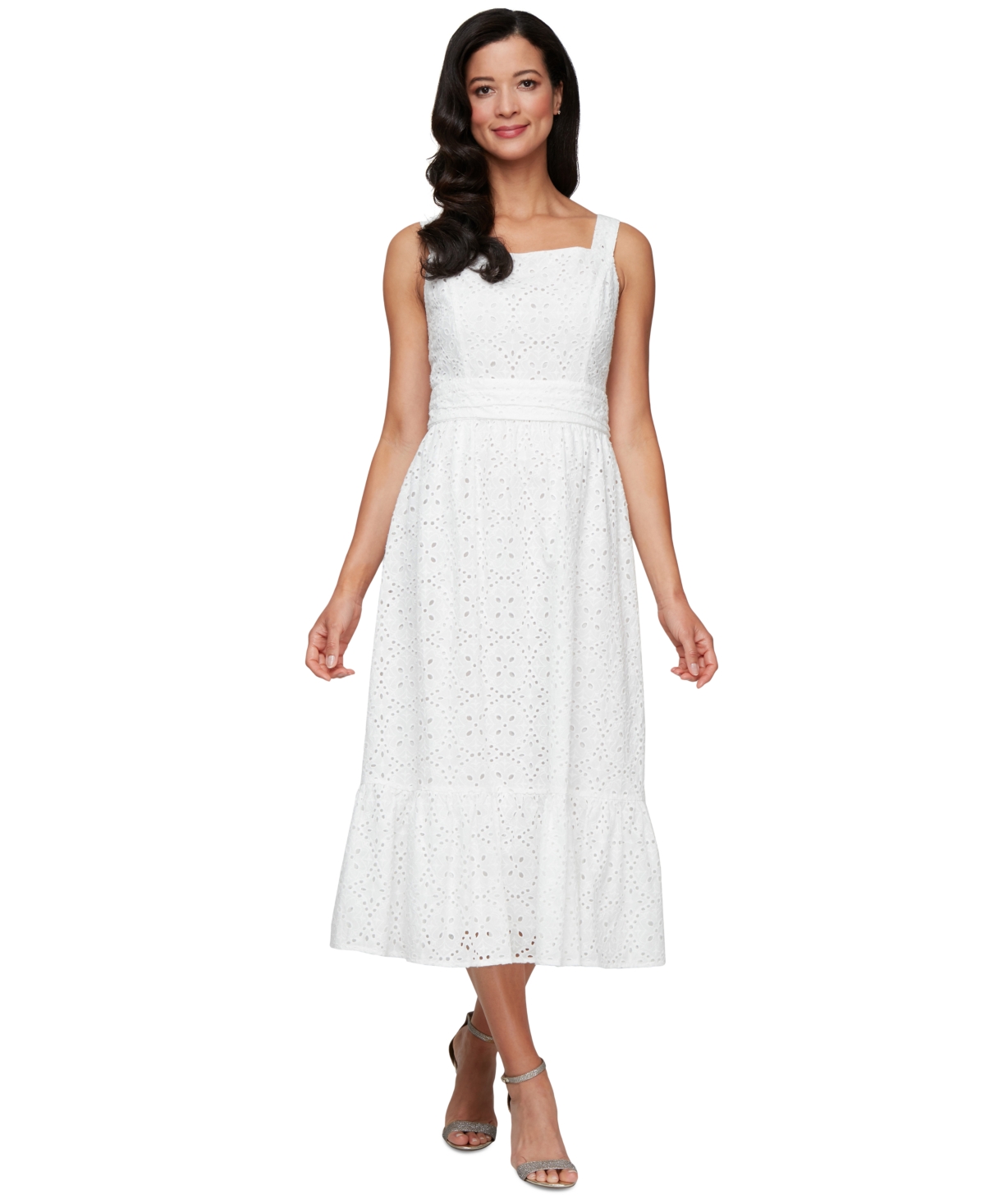 Women's Square-Neck Tea Eyelet Dress - White