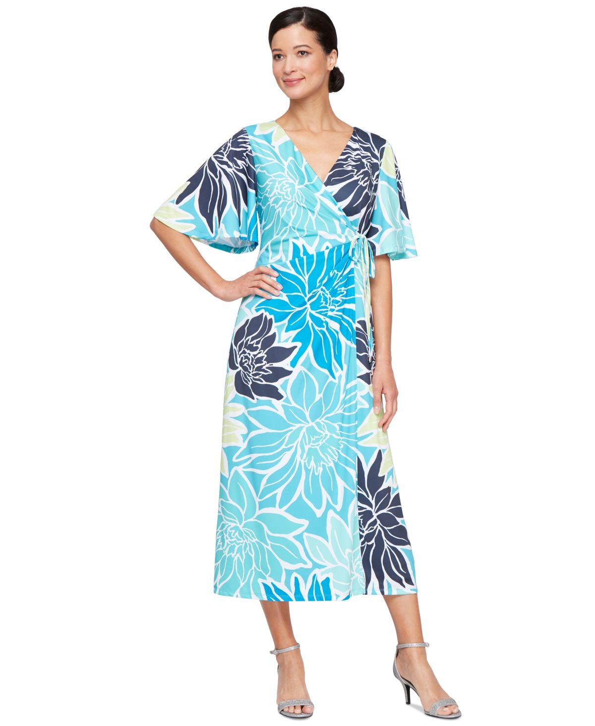 Shop Sl Fashions Women's Printed Faux-wrap Short-sleeve Dress In Turq,aqua