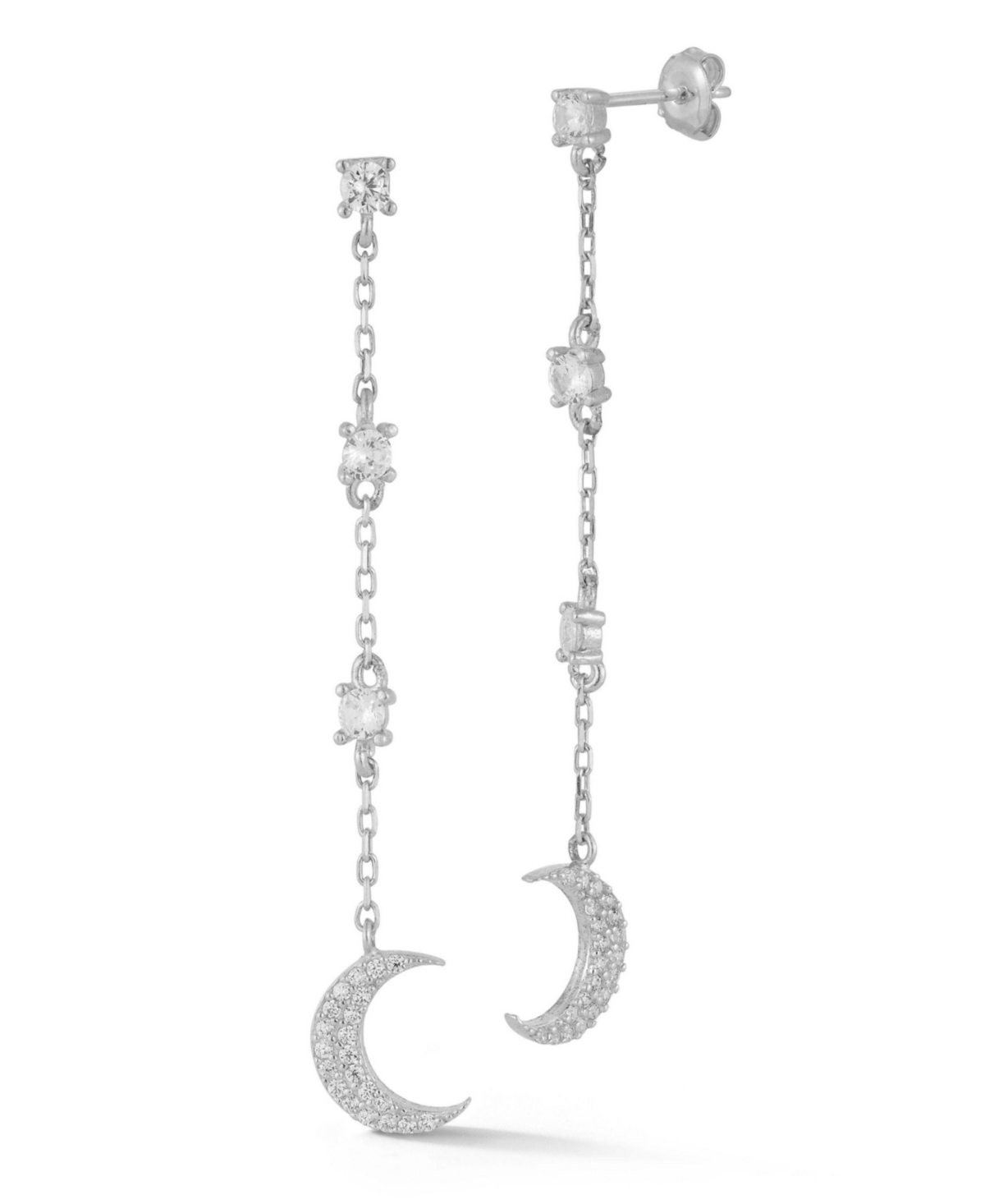 Sterling Silver Pave Moon Drop Earrings - Silver