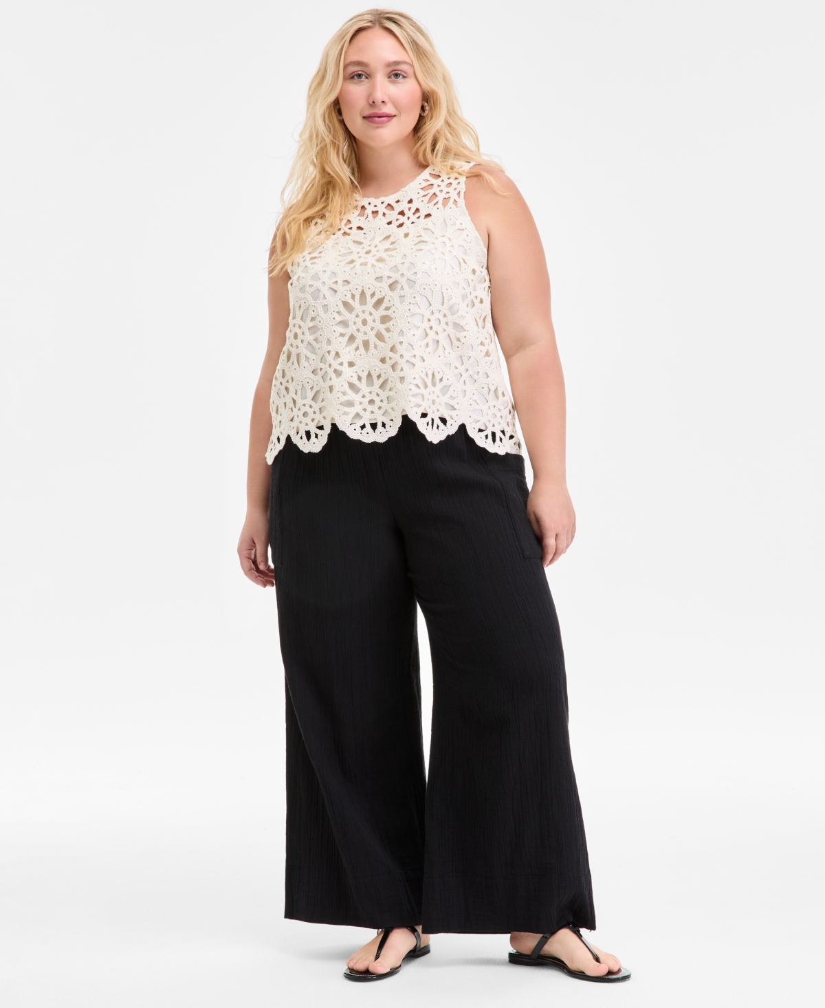 Plus Size Cotton Gauze Smocked-Waist Wide-Leg Pants, Exclusively at Macy's - Bright White