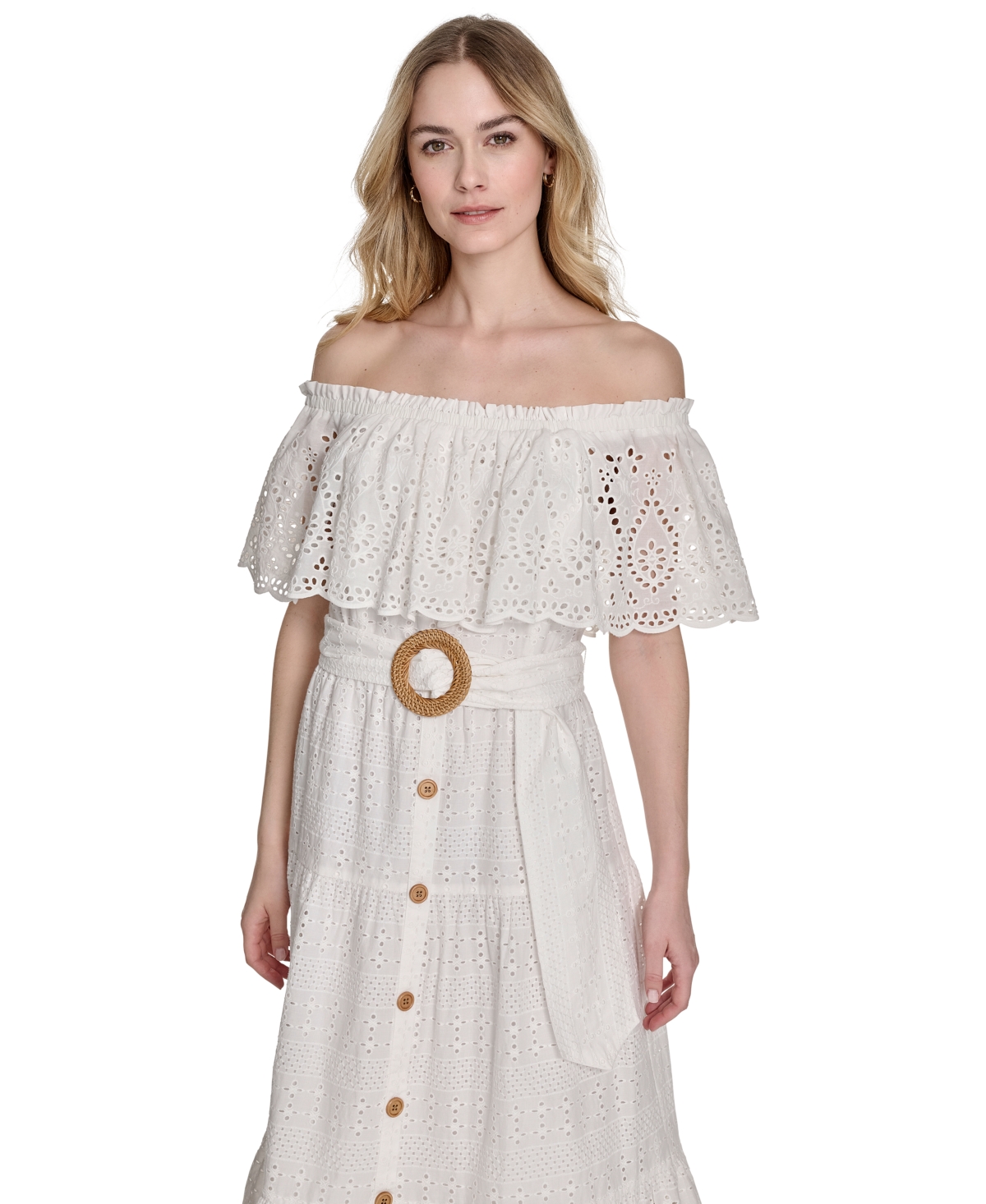 ELIZA J WOMEN'S COTTON OFF-THE-SHOULDER BELTED MIDI DRESS 