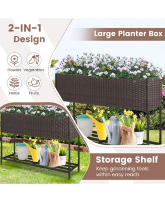 Wicker Raised Garden Bed with Storage Shelf and Drainage Gaps for Flowers