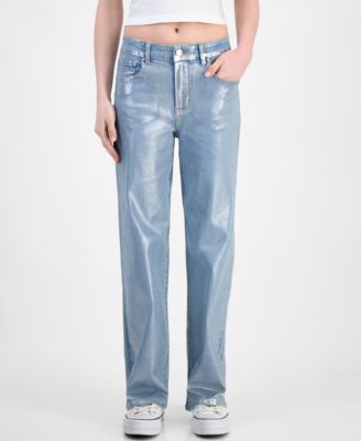 Juniors' Metallic Coated Wide-Leg Jeans