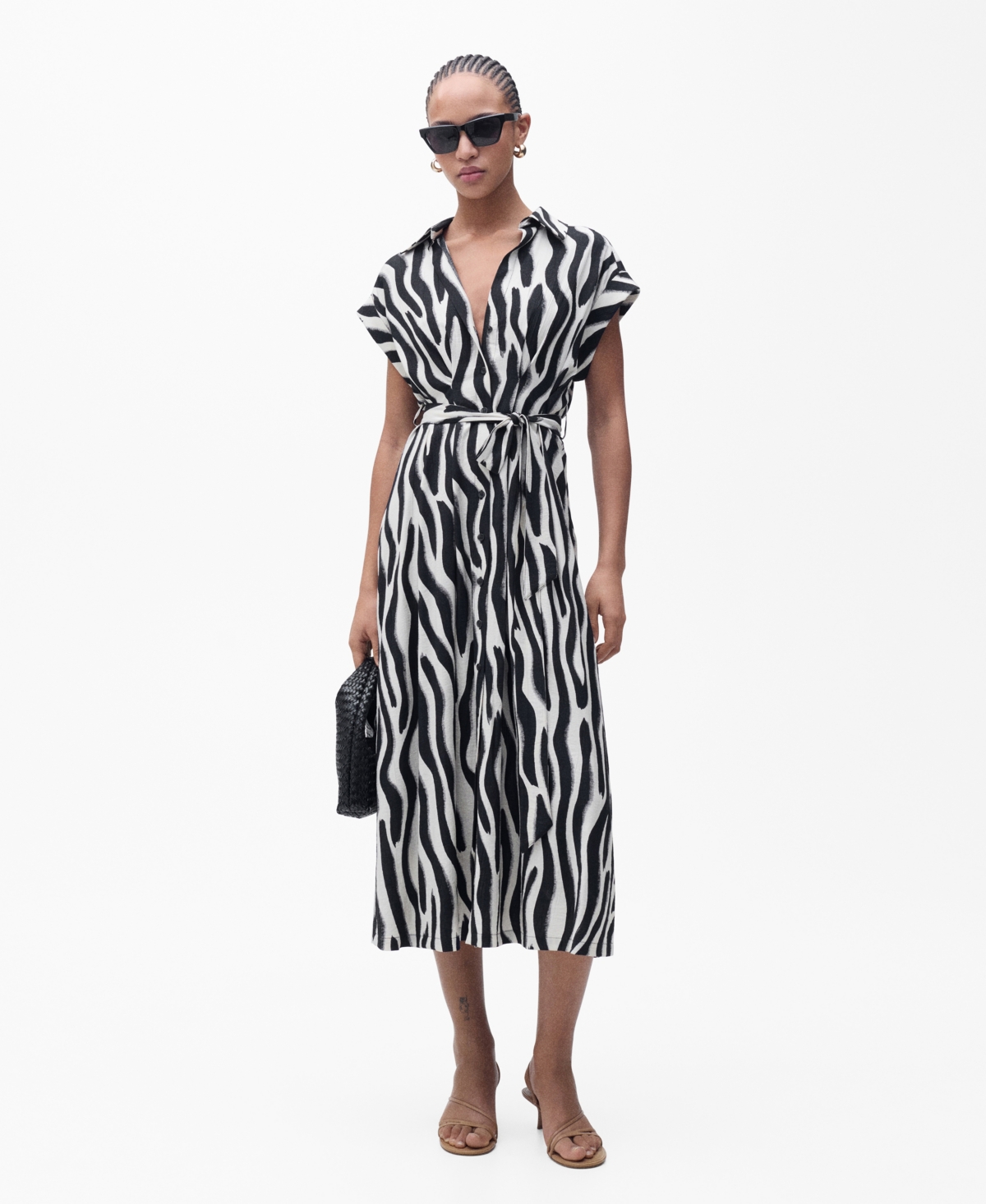 Mango Zebra Print Belted Midi Shirtdress In Black