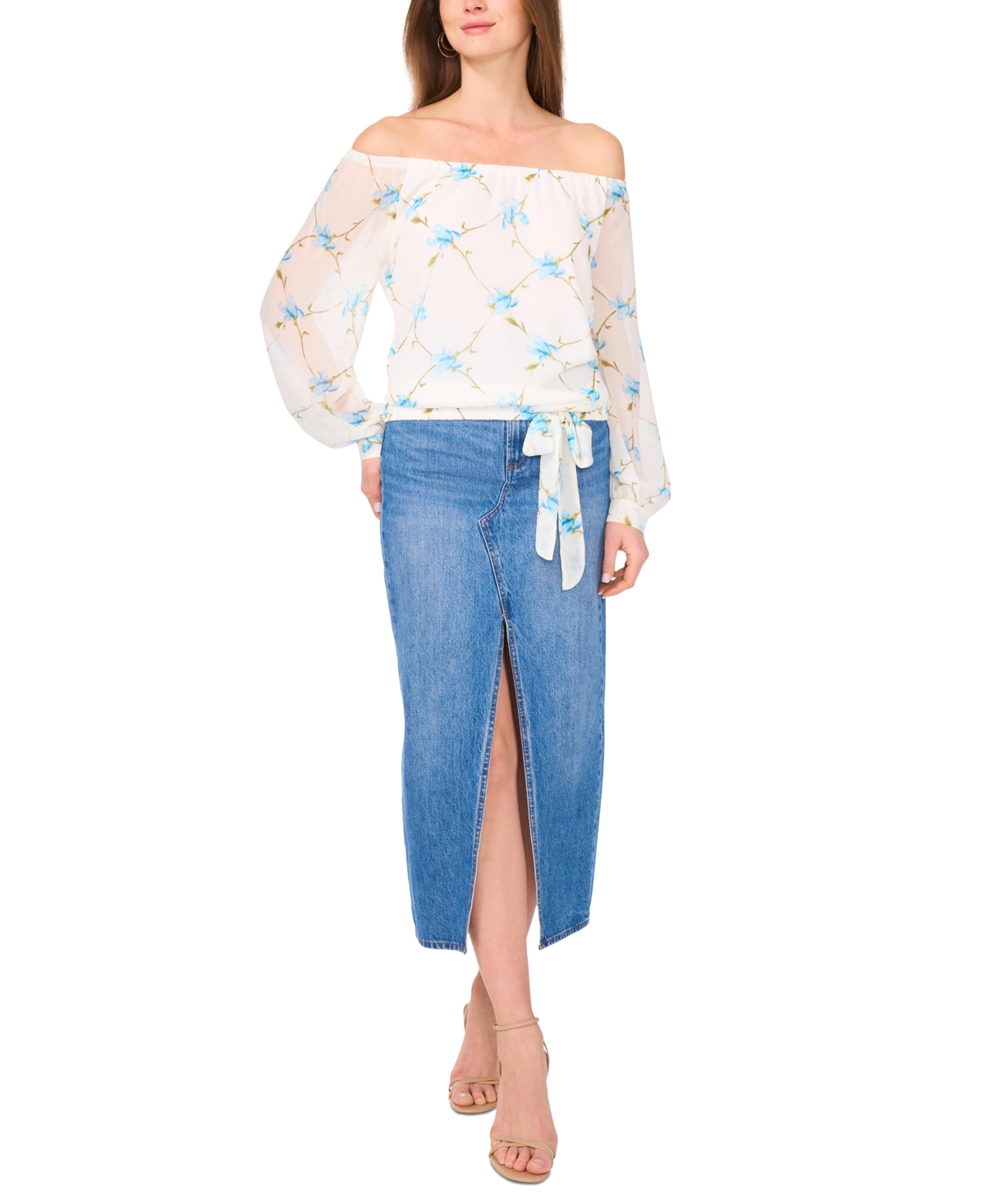 VINCE CAMUTO WOMEN'S FLORAL OFF-THE-SHOULDER LONG-SLEEVE TIE-FRONT BLOUSE 