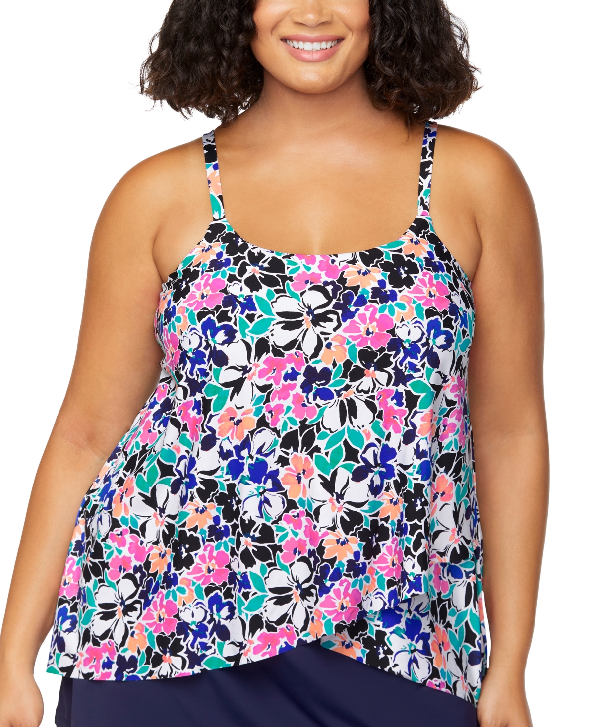 Plus Size Cape Town Draped Tankini Top, Exclusively at Macy's - Black Multi