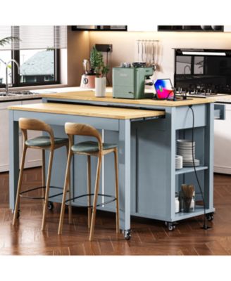 Extendable Grey Kitchen Island with Storage, Power Outlet & Drawers