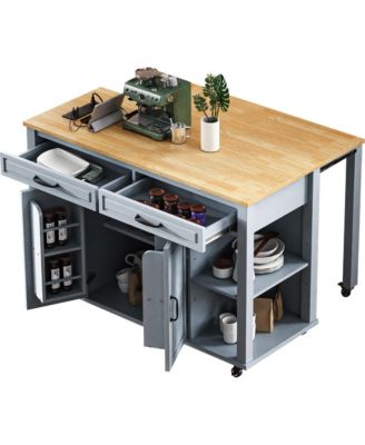 Extendable Grey Kitchen Island with Storage, Power Outlet & Drawers