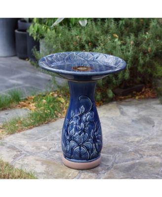 Blue Petals and Vines 22-Inch Tall Ceramic Birdbath