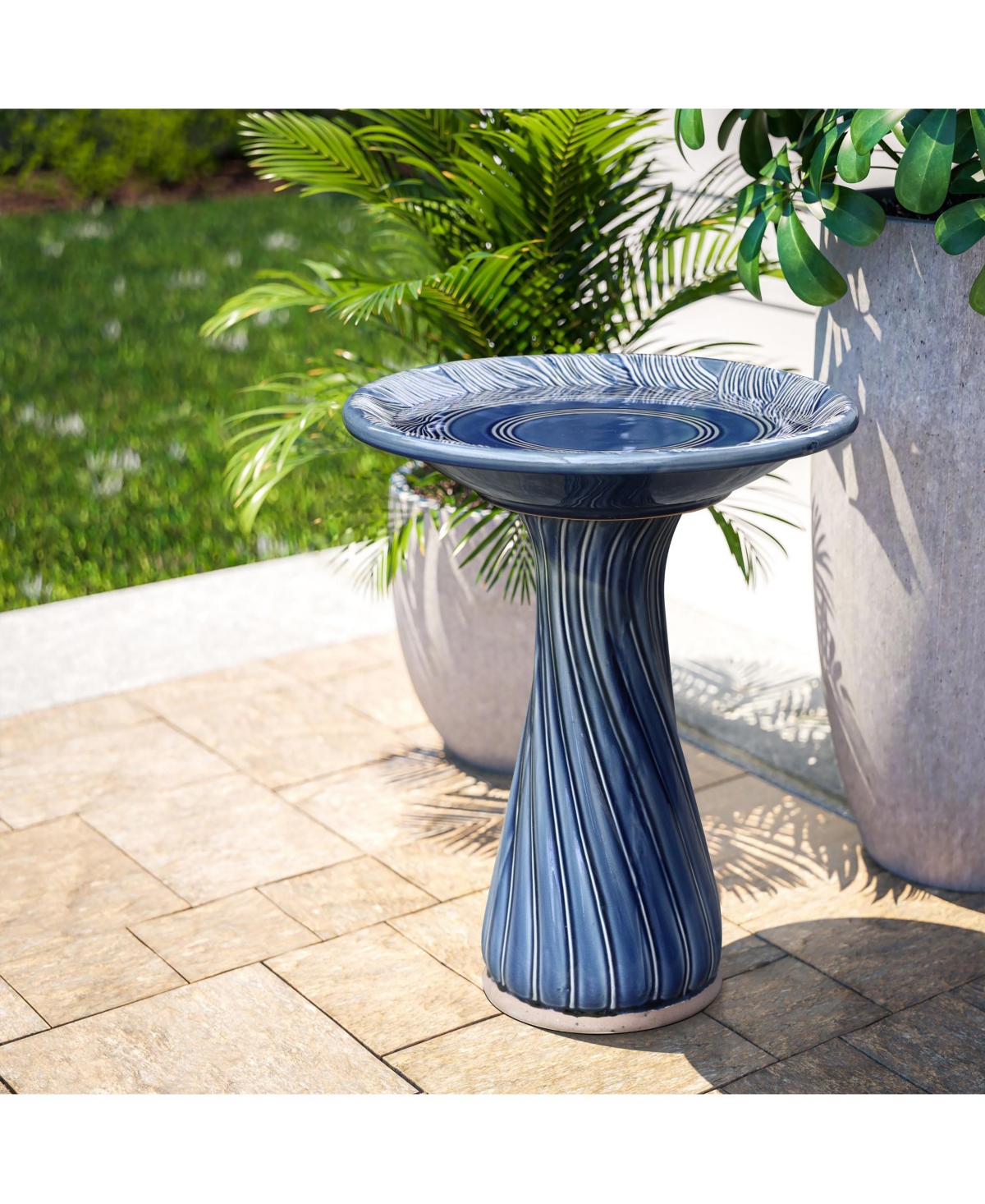 LuxenHome Blue Leaves and Swirl 22-Inch Tall Ceramic Birdbath