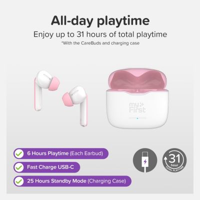 CareBuds (White) Kids Wireless Earbuds with 85dB Volume Limit, Built-in Mic, 6 Ear Tips, Anti-Lost Strap Easy Pairing, Gift for Kids 4-15