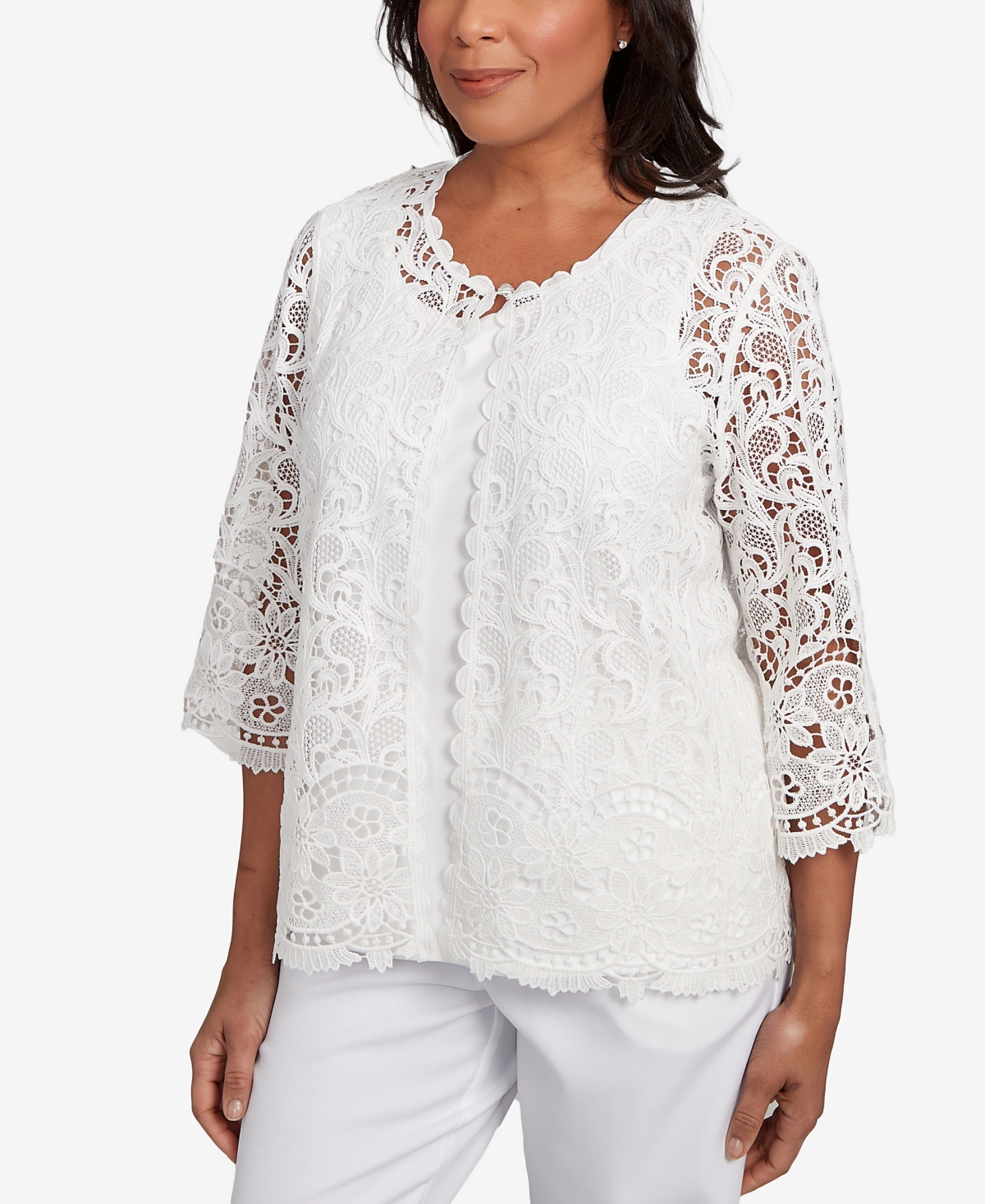 Alfred Dunner Petite Estate Of Mind Embellished Lace Two In One Top In Multi