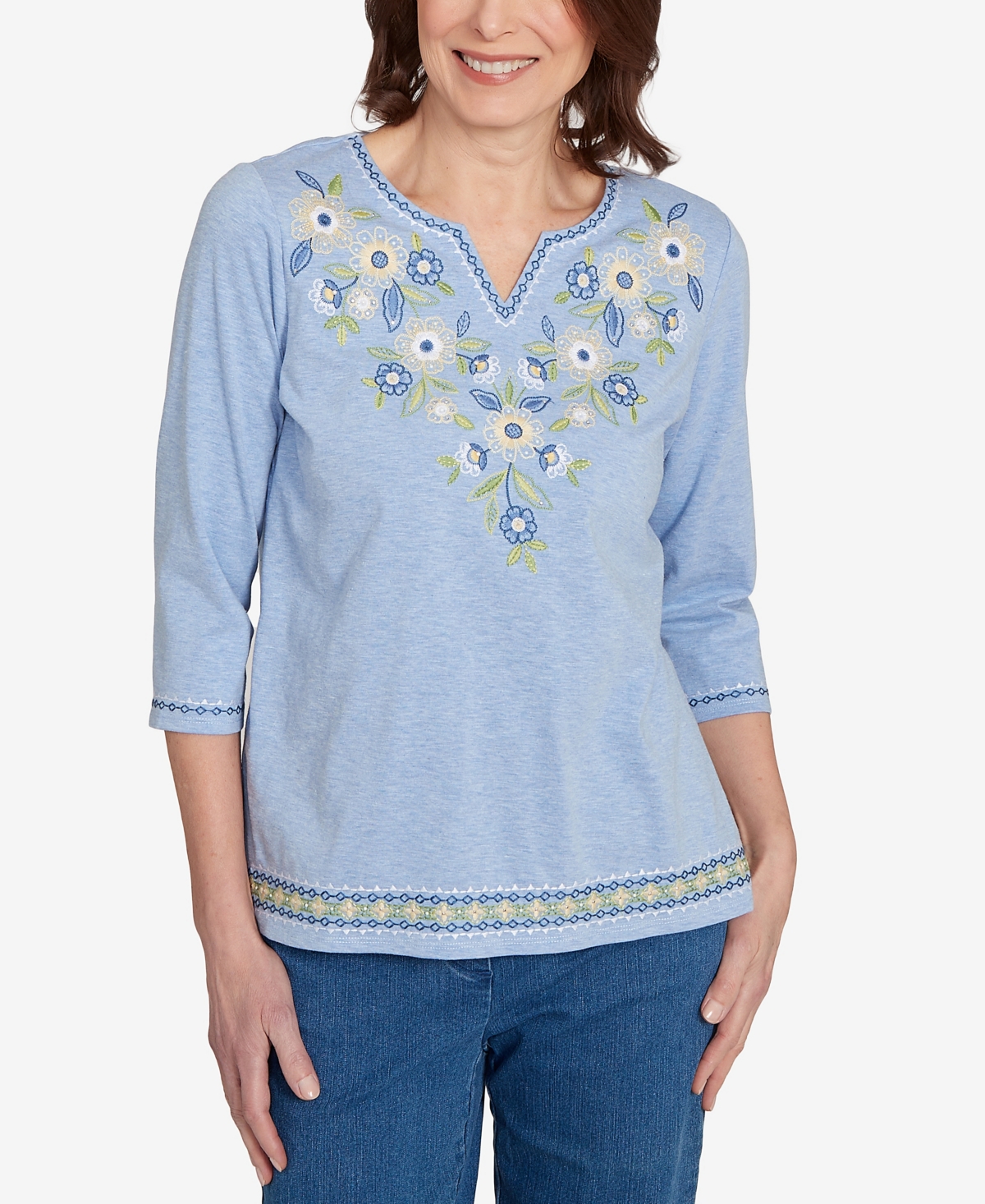 Women's Flower Power Embroidered Daisy Split Neckline Top - Blue