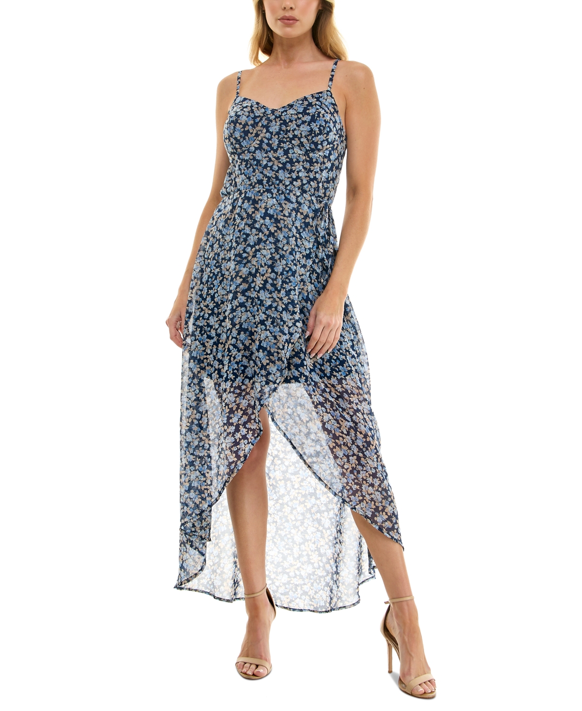As U Wish Juniors' Molded-cup Wrap High-low Fit & Flare Dress In Navy Ivory