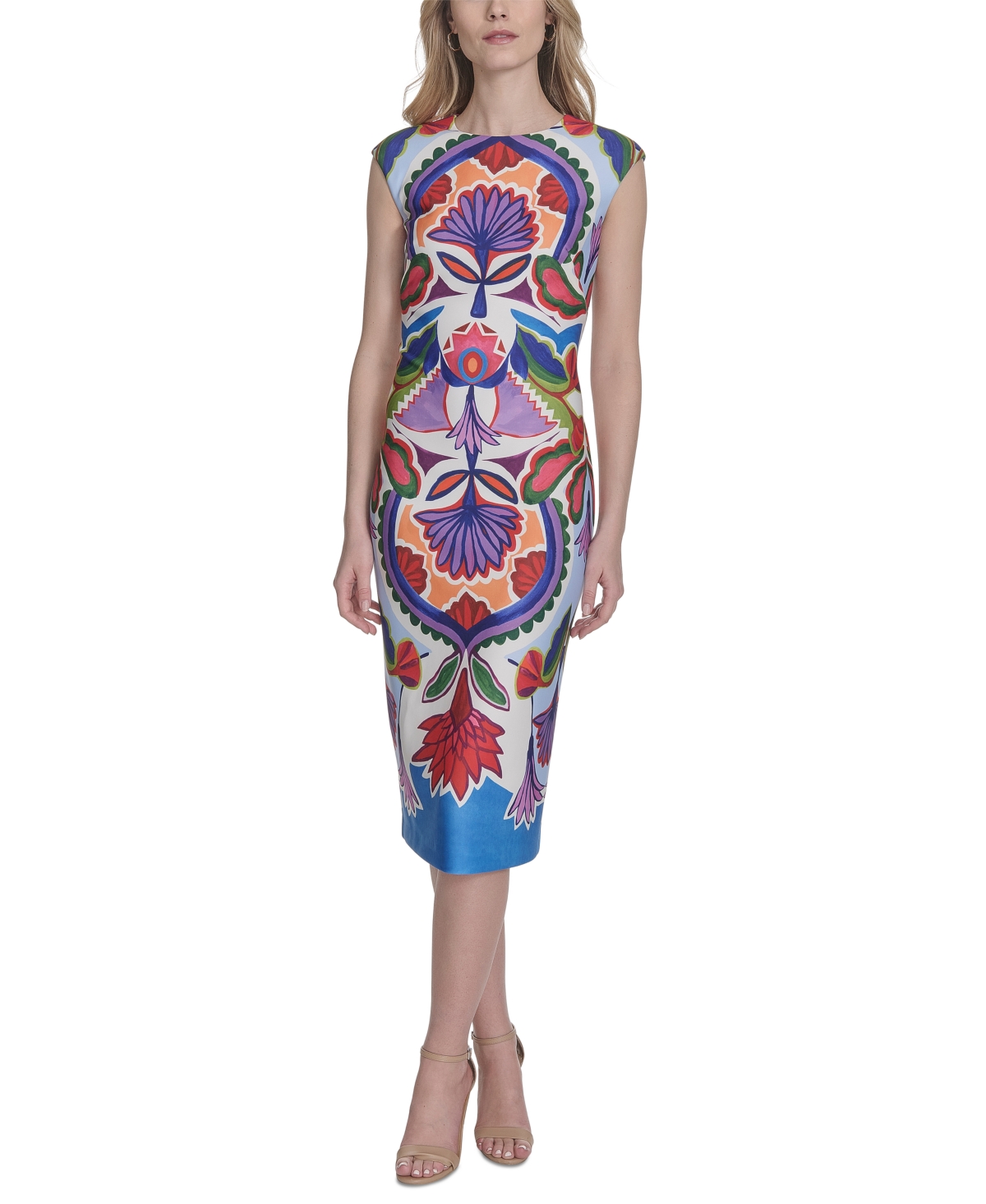 Vince Camuto Petite Placement-print Cap-sleeve Midi Dress In Blue
