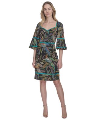 Vince Camuto - Women's Cotton Leaf-Print Piped-Trim Dress