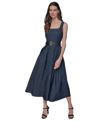 KARL LAGERFELD PARIS Women's Belted Stretch Denim Midi Dress - Macy's