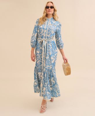 Women's Cotton Belted Puffed-Shoulder Dress