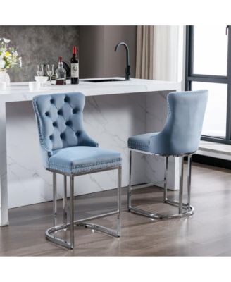 Set of 2 Velvet Counter Height Stools, 25.2" Kitchen Island Chairs with Button Tufted Back, Rivet Trim and Chrome Metal Base