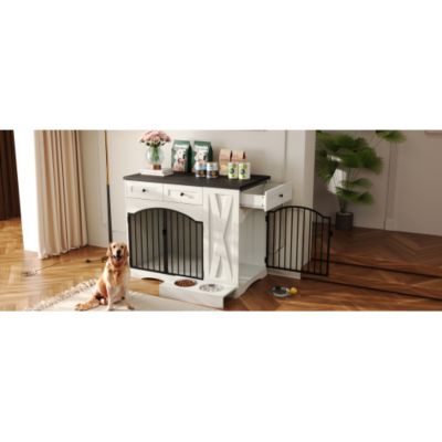 43.3inch Farmhouse Dog Crate Furniture Heavy Duty Dog Kennel with 3 Drawers and Feeder White