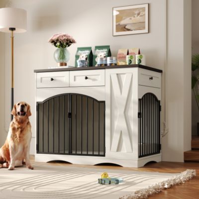 43.3inch Farmhouse Dog Crate Furniture Heavy Duty Dog Kennel with 3 Drawers and Feeder White
