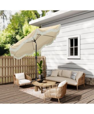 9 Ft Fashionable Boho Vintage Tassels Print Patio Umbrella with Push Button Tilt Pole