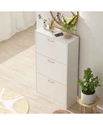 Wooden 3-door white shoe cabinet, shutter door drawers, multi-purpose shoe rack with adjustable shelves