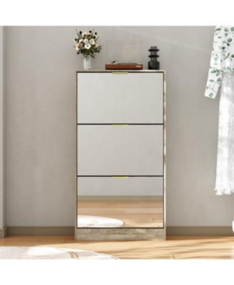 Wooden 3-door natural shoe cabinet,Mirror door panel, multi-purpose shoe rack with metal handles