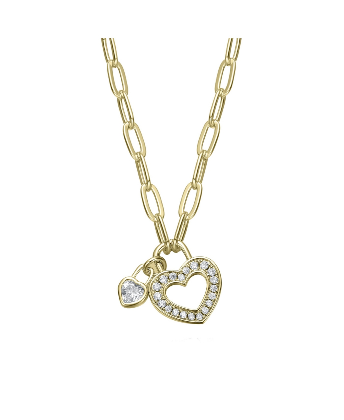 14K Gold Plated with Colored Cubic Zirconia Paperclip Chain Heart Lock Pendant Necklace - Pink